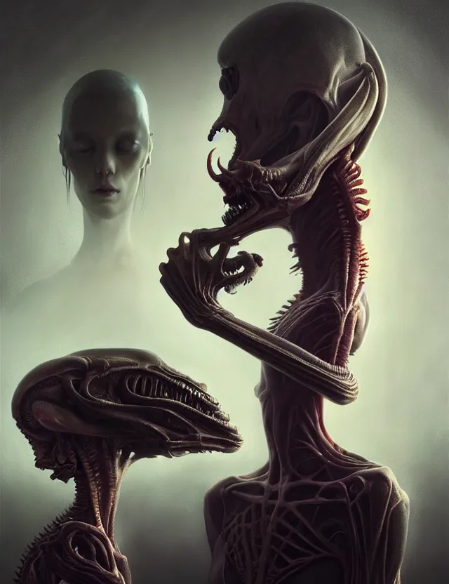 Image similar to ultra realist muted colors horror painting of a dimly lit attractive alien female next to a hellish creature, very intricate details, focus, model pose, full frame image, high contrast, artwork by tooth wu and wlop and beeple and greg rutkowski, award winning