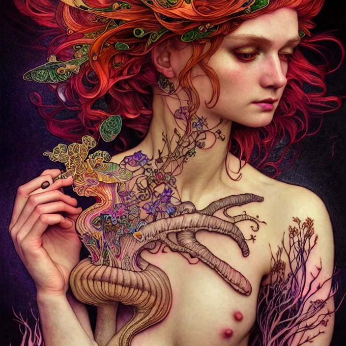 Image similar to psychedelic mushroom tattoo, diffuse lighting, fantasy, intricate, elegant, highly detailed, lifelike, photorealistic, digital painting, artstation, illustration, concept art, smooth, sharp focus, art by John Collier and Albert Aublet and Krenz Cushart and Artem Demura and Alphonse Mucha
