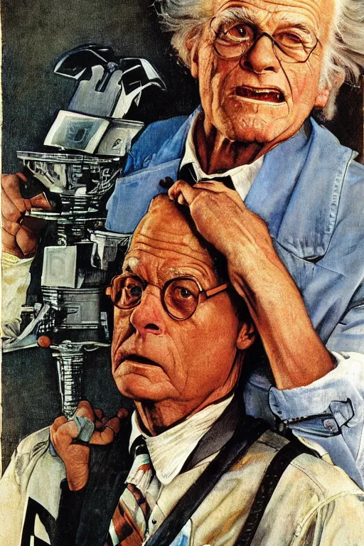 Prompt: dr emmet brown from back to the future painted by norman rockwell