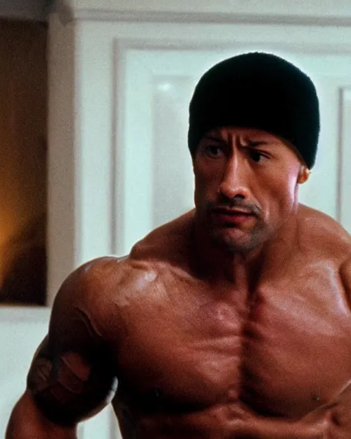 Image similar to Film still close-up shot of Dwayne Johnson as Rocky Balboa from the movie Rocky. Photographic, photography