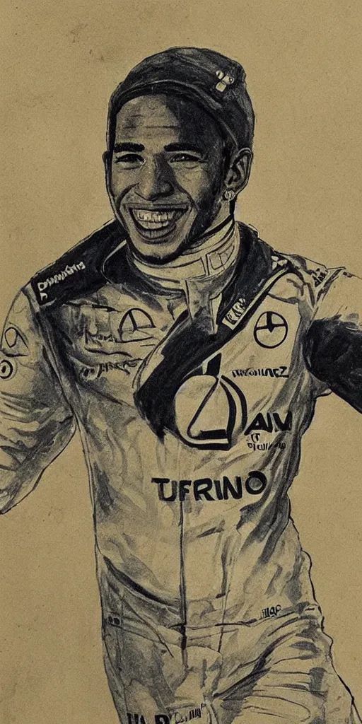 Image similar to A portrait of Lewis Hamilton in his racing uniform by William Blake