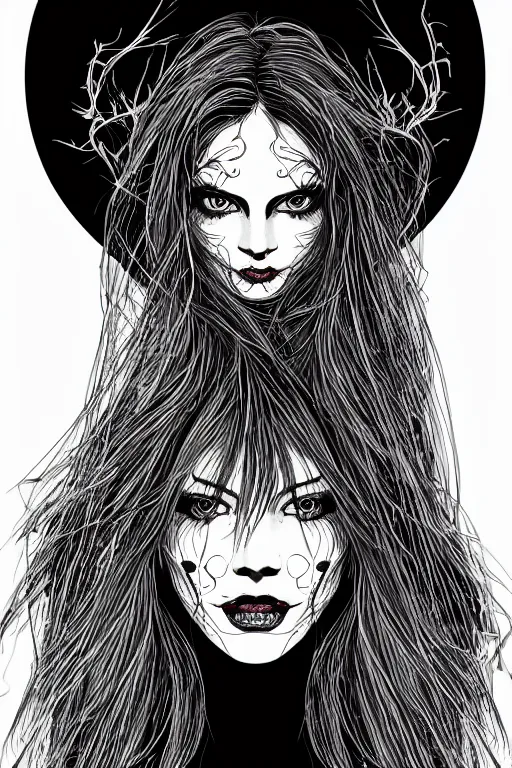 Image similar to close up portrait of a dark witch in front of the full big moon, vector graphic, clear lines, intricate, portrait, 8k highly professionally detailed, HDR, CGsociety