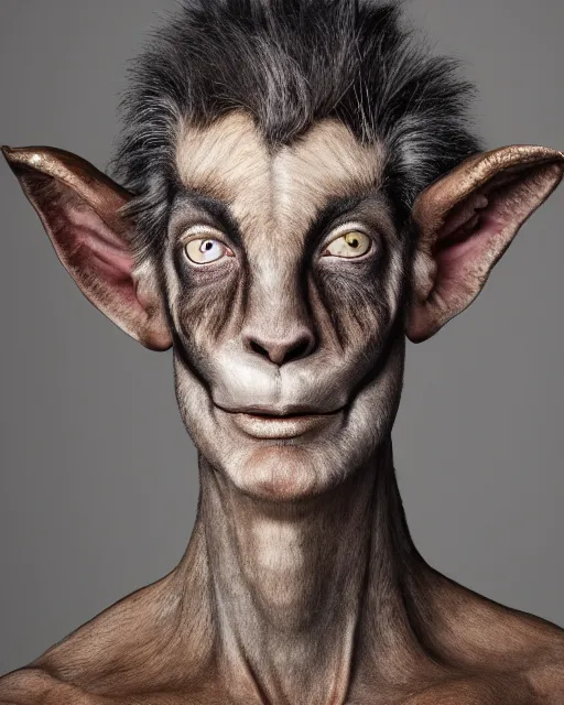 Image similar to Mauricio Macri in Elaborate Pan Satyr Goat Man Makeup and prosthetics designed by Rick Baker, Hyperreal, Head Shots Photographed in the Style of Annie Leibovitz, Studio Lighting