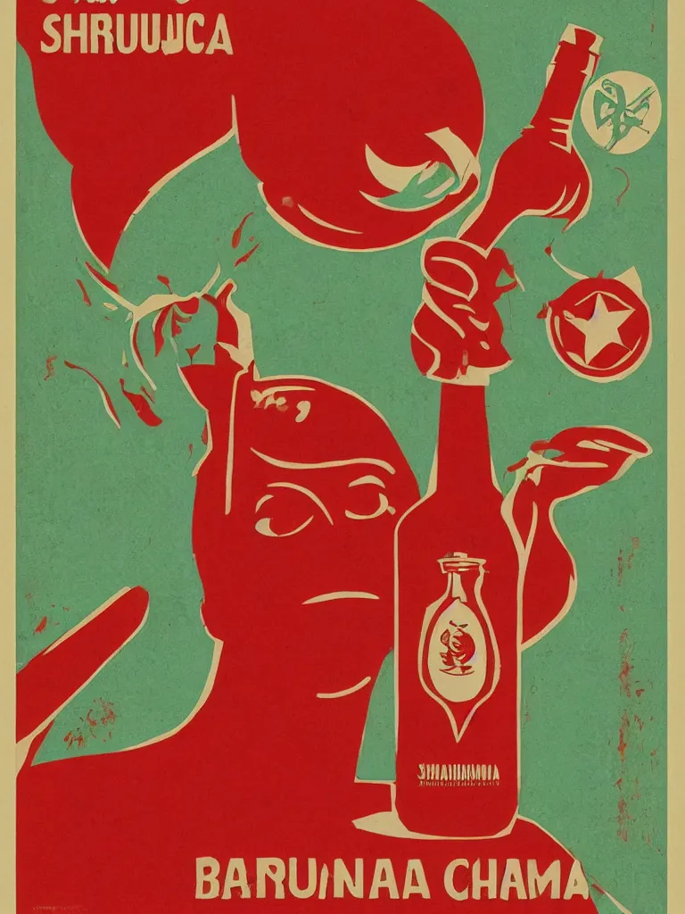 Prompt: a sriracha bottle as a vintage communist propaganda poster, bauhaus style, grainy