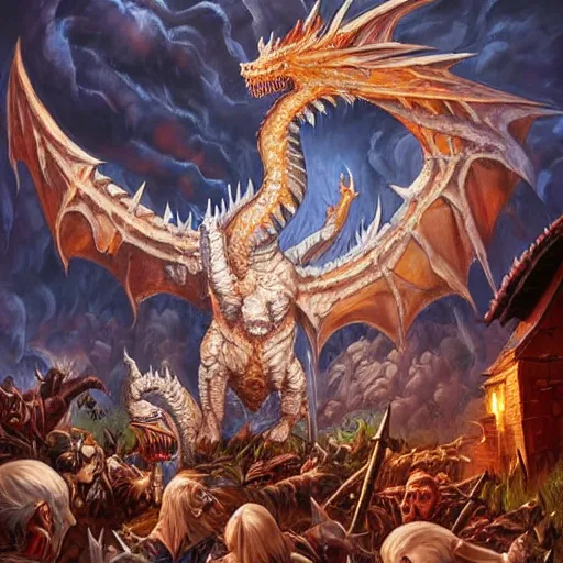 Image similar to the head of an evil white dragon attacking a village, by Tony Sart, detailed, realistic, masterpiece, symmetrical