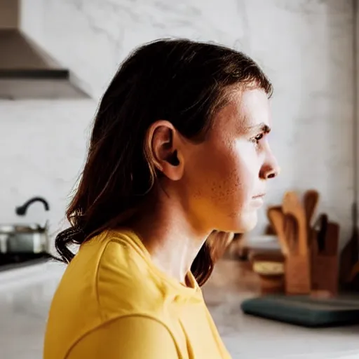 Image similar to a candid portrait of a brunette female, young, athletic, australian, pixellated face, wearing a gold tshirt in a kitchen, closeup