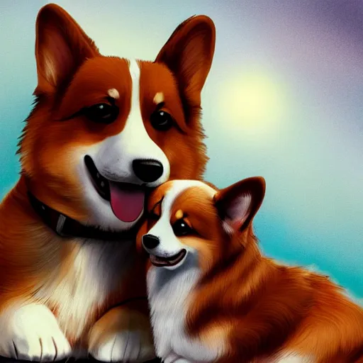 Image similar to a corgi comforting another sad corgi, digital art, artstation