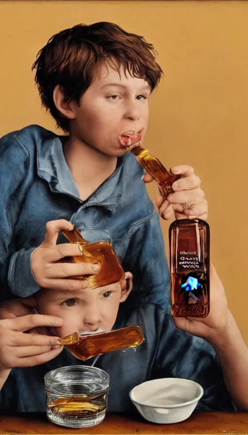 Image similar to a realistic portrait of a boy from canada drinking a whole bottle of maple syrup, annie leibovitz, highly detailed