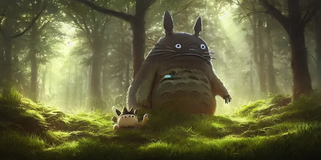 Prompt: Totoro sitting in a forest, fantasy, pixar, high detail, god rays, painting by greg rutkowski, deviantart, trending on artstation, artstationHD, artstationHQ