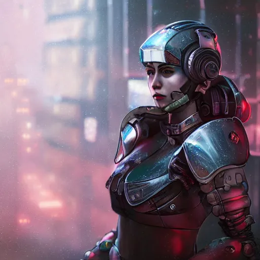 Prompt: An epic fantastic realism comic book style portrait painting of a female cyber warrior by NIXEU trending on arstation, dieselpunk shinny armor, cyberpunk feel raining at tokyo rooftop, Concept world Art, unreal 5, DAZ, hyperrealistic, octane render, cosplay, RPG portrait, dramatic lighting, rom lights