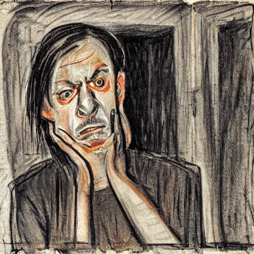 Image similar to sad prisoner holding ipad, prison cell, frustrated expression, dark mood, hopelessness, gloomy, in the style of edward munch