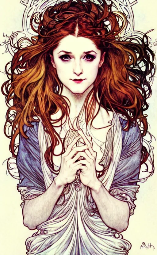 Image similar to in the style of artgerm, arthur rackham, alphonse mucha, evan rachel wood, symmetrical eyes, symmetrical face, flowing white dress, hair blowing, full body, intricate filagree, warm colors, cool offset colors