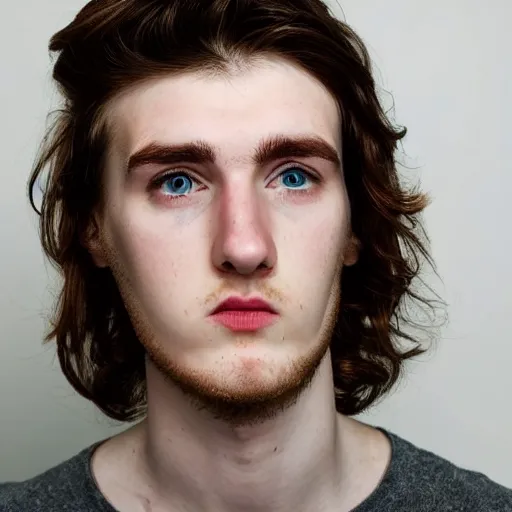 Image similar to 2 0 year old irish man with long face, long brown hair, strong chin, grey eyes, stubble