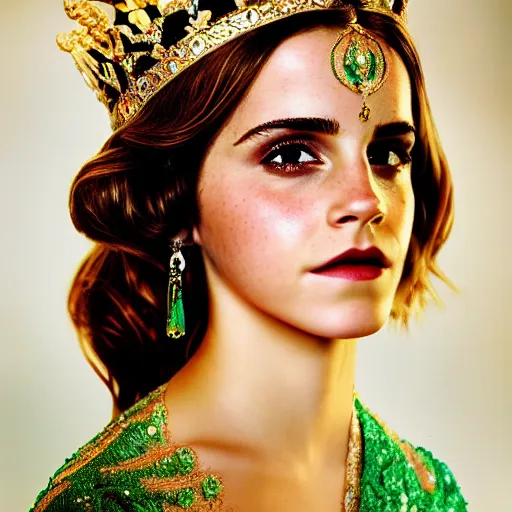 Image similar to emma watson as queen, big crown adorned with emerald, diamonds, topaz and other jewellaries, sensual, beautiful soft light failling on her face, studio photography, nikon 3 5 mm portrait photography, ultra realistic