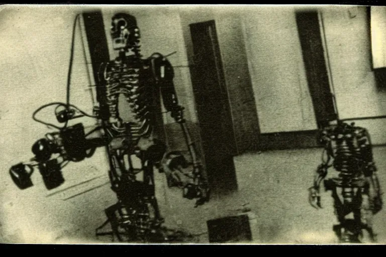 Prompt: dark old polaroid of an german scientist who created a terminator exoskeleton, world war 2