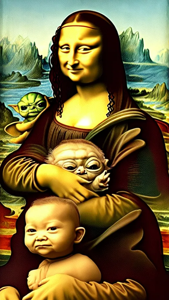 Image similar to the Mona Lisa holding Baby Yoda, painting in the style of the Mona Lisa