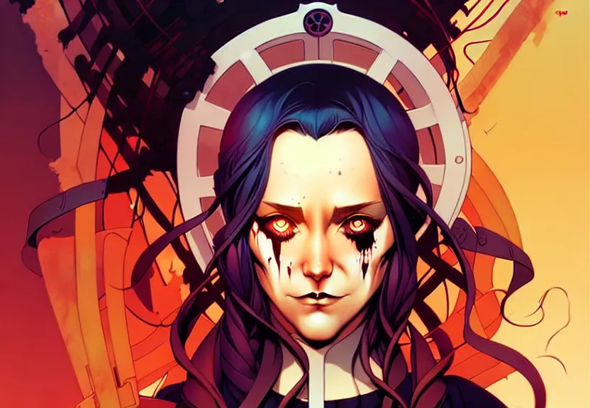 Image similar to artgerm, joshua middleton comic cover art, pretty serial killer maika monroe creepy smiling, full body, symmetrical eyes, symmetrical face, long curly black hair, on a pirate ship background, warm colors