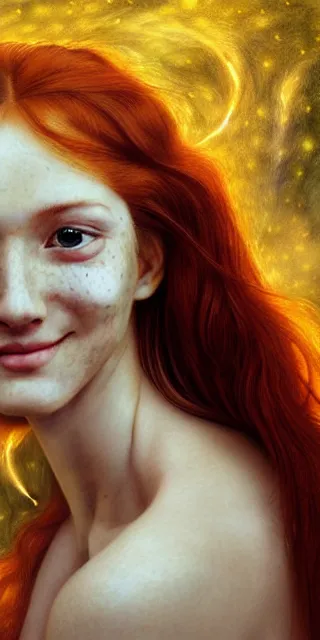 Prompt: infp young woman, smiling amazed, golden fireflies lights, amidst of nature fully covered, long red hair, intricate linework, accurate green eyes, small nose with freckles, oval shape face, realistic, expressive emotions, dramatic lights mystical scene, hyper realistic ultrafine art by artemisia gentileschi, caravaggio, jessica rossier, boris vallejo