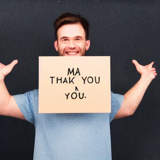 Prompt: man holding a thank you sign, madly grinning, studio light