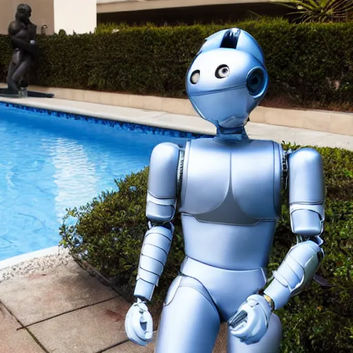 Prompt: by the pool, shiny skin, a realistic detailed photo of a guy who is an attractive humanoid who is half robot and half humanoid, showing off his muscles, twitch streamer / gamer ludwig, humanoid robot, who is a male android, on display, frozen ice statue, posing like a statue, made of ice, blank stare