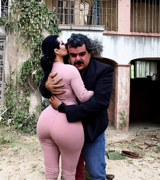 Prompt: Pablo Escobar hugging kim kardashian & kylie Jenner in a derelict mafia mansion