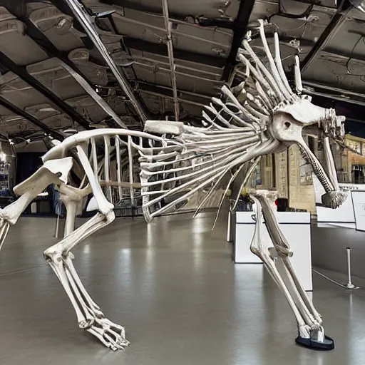 Image similar to full view of a anatomically complete unicorn skeleton in a museum, detailed photograph