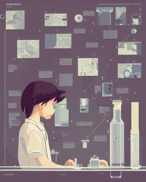 Image similar to a little girl in science lab experiment test tube microscope map. clean cel shaded vector art. minimalist illustration art by lois van baarle, artgerm, helen huang by makoto shinkai and ilya kuvshinov, rossdraws