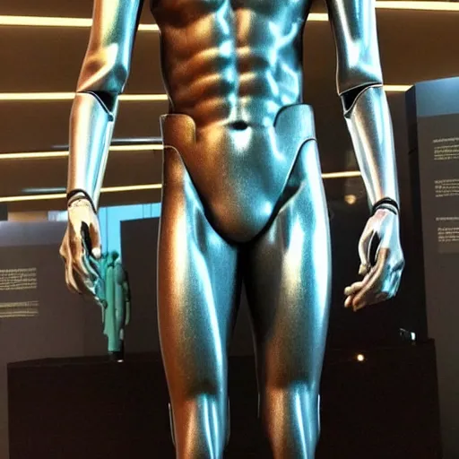 Image similar to “a realistic detailed photo of a guy who is an attractive humanoid who is half robot and half humanoid, who is a male android, British diver Jack Laugher, shiny skin, posing like a statue, blank stare, at the museum, on display”