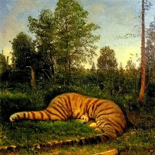 Prompt: huge cat near houses, oil painting by Ivan Shishkin