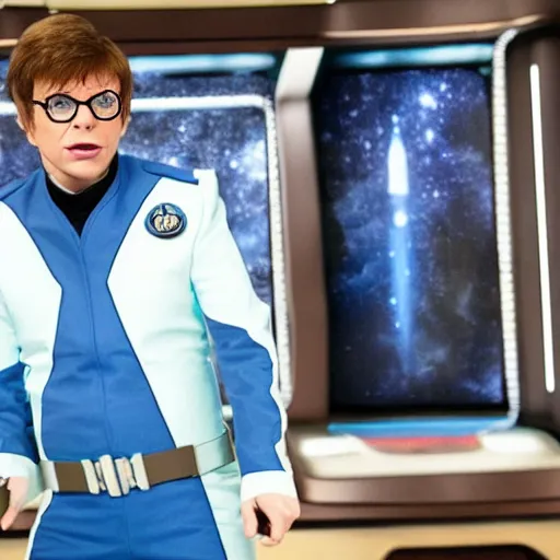 Image similar to austin powers as captain of the orville on the the bridge of the orville