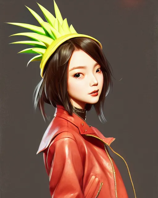 Image similar to pineapple girl wearing a candy hat and leather jacket, fine detail!! anime!! realistic shaded lighting!!, kim hyun joo, digital painting by ilya kuvshinov, magali villeneuve, artgerm, jeremy lipkin and michael garmash and rob rey