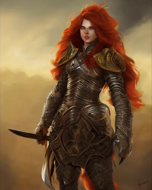 Prompt: a fierce warrior princess, with long auburn hair and functional armor, and a long sword, by steve argyle, trending on cgsociety, artstation, deviantart, digital illustration, concept art, character art