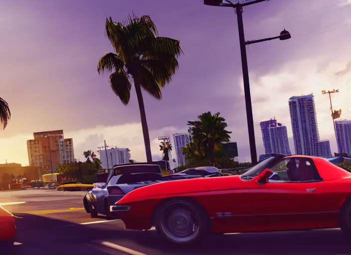 Image similar to still next - gen ps 5 game grand theft auto 6 2 0 2 4 remaster, graphics mods, rain, red sunset, people, rtx reflections, gta vi, miami, palms and miami buildings, photorealistic screenshot, unreal engine, 4 k, 5 0 mm bokeh, close - up generic sports car, gta vice city remastered, artstation