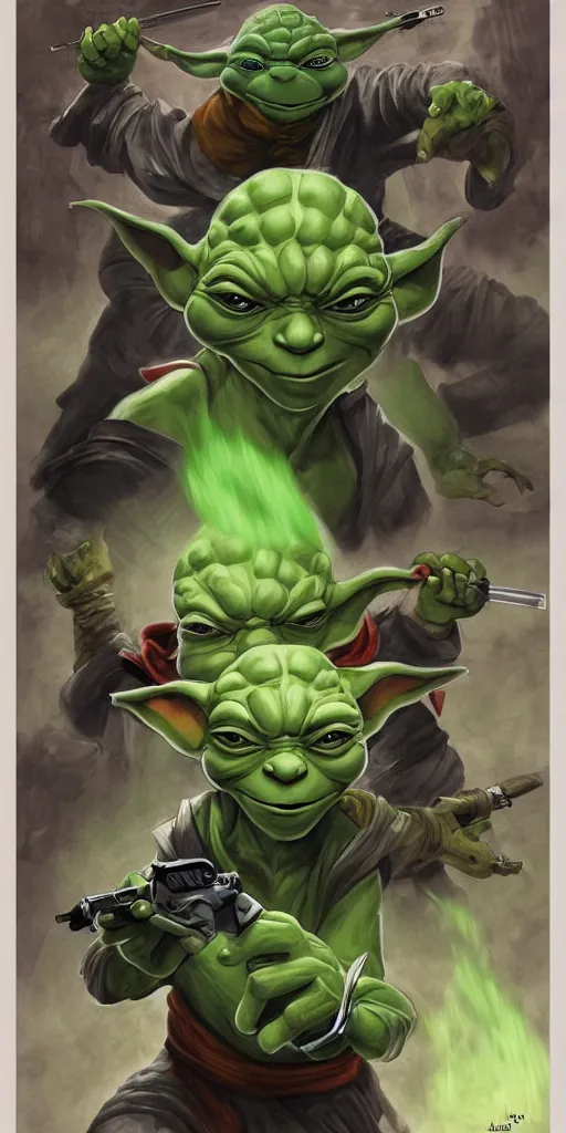 Image similar to teenage mutant ninja yoda, alex ross, micheal netzer, art, illustration, artstation trending, heroic,