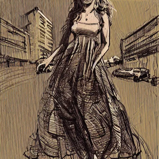 Prompt: beautiful young woman in a sundress, trending on artstation, intricate details, in the style of frank auerbach, in the style of sergio aragones, in the style of martin ansin, in the style of david aja, in the style of mattias adolfsson