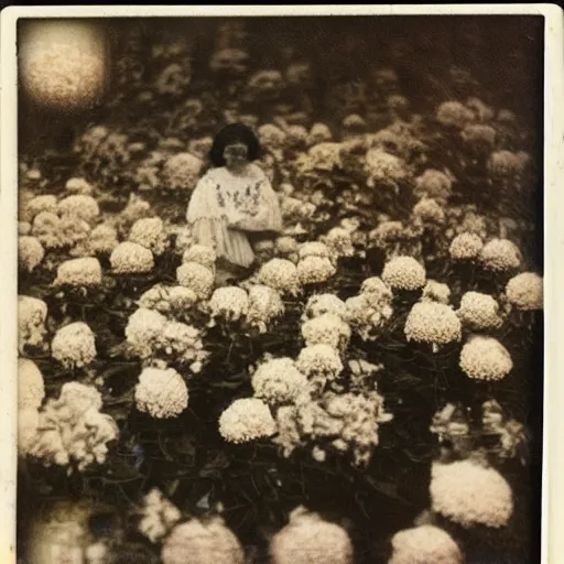 Prompt: woman covered in flowers, 1910 polaroid photography,