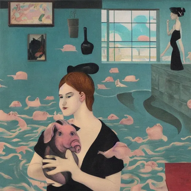 Image similar to tall female emo artist holding a pig in a flooded cafe, octopus, water gushing from ceiling, painting of flood waters inside a cafe, a river flooding indoors, pomegranates, pigs, ikebana, water, octopus, river, rapids, waterfall, black swans, canoe, berries, acrylic on canvas, surrealist, by magritte and monet