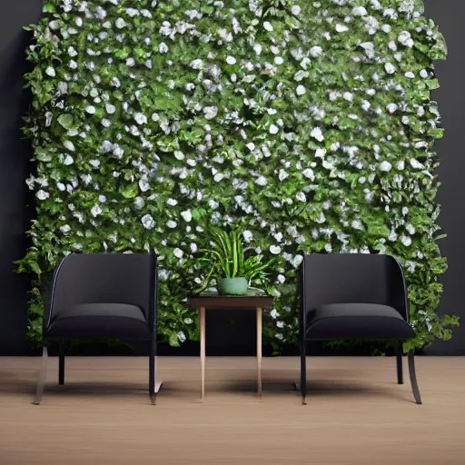 Image similar to black background two chairs made of plants facing each other, hyperrealistic, concept art, octane render, unreal engine 5, trending on artstation, high quality, highly detailed, 8 k hdr, no lighting, path traced, black background, bloom, high coherence, symmetrical, high contrast, digital art, serene landscape, cinematic