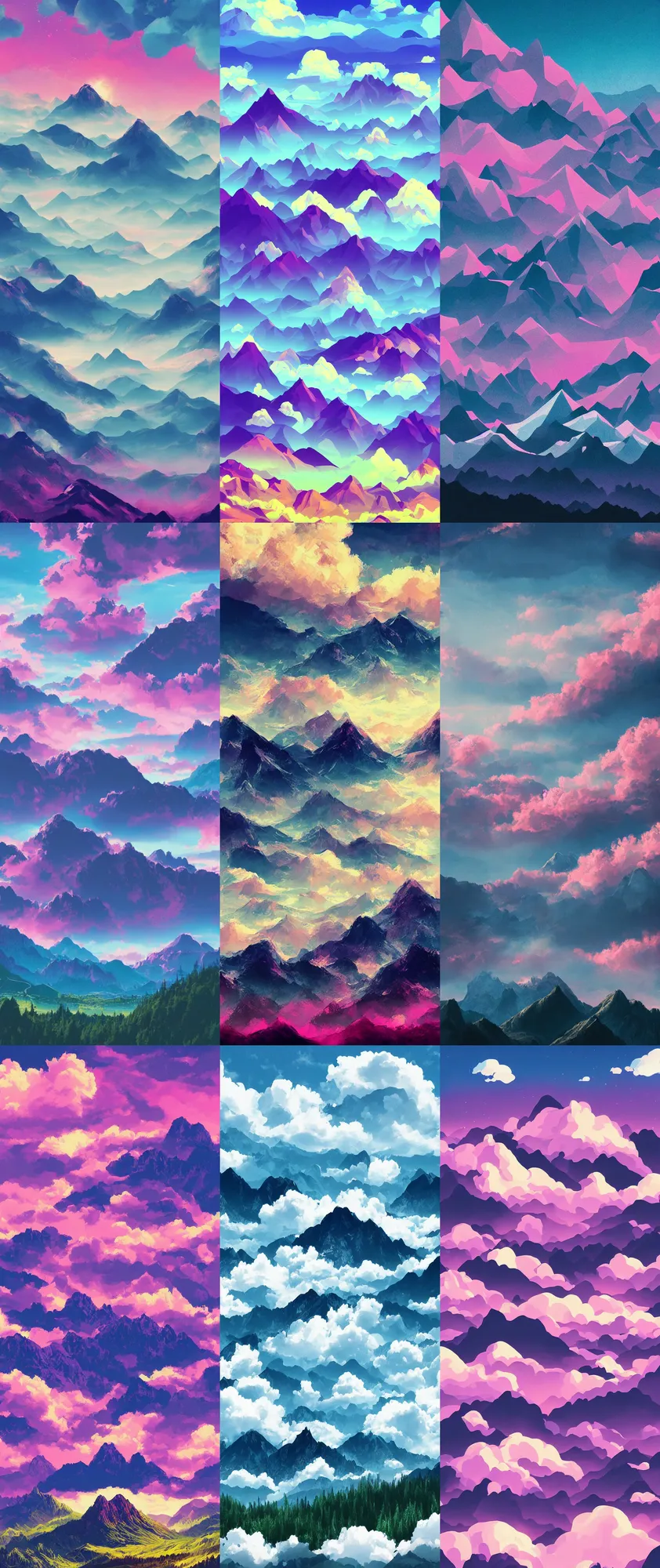 Prompt: A beautiful aesthetic landscape of towering mountains with a sky full of clouds, lots of detail, realistic, brightly lit, digital art, 4k magenta color pallete