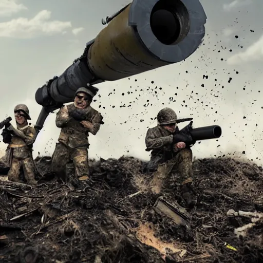 Image similar to minions firing a minigun from a pillbox, debris and dirt flying from recoil, smoke, war photography