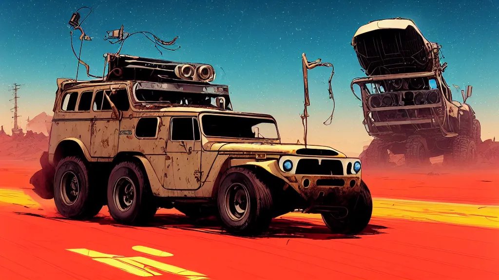 Image similar to digital illustration of mad max's fj 4 0 pursuit special, the last v 8 interceptor driving down a deserted cyberpunk highway in the middle of the day by studio ghibli, anime style year 2 0 9 3, by makoto shinkai, ilya kuvshinov, lois van baarle, rossdraws, basquiat