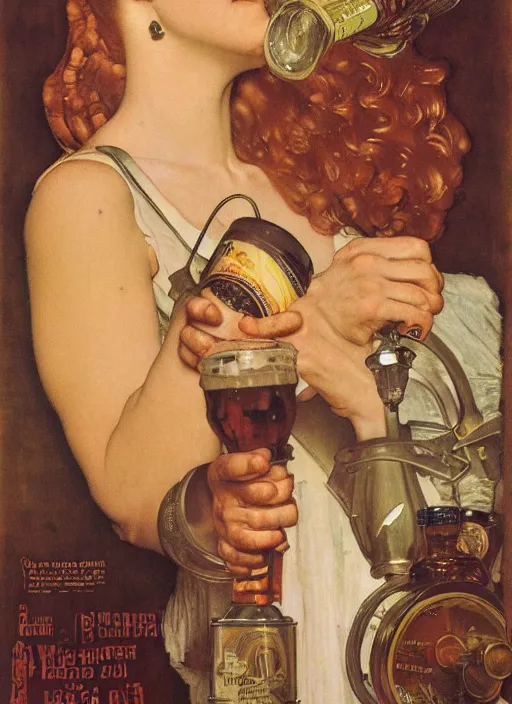 Image similar to beer advertisement by mucha, norman rockwell extremely coherent, sharp focus, elegant, render, octane, detailed, award winning photography, masterpiece, rim lit