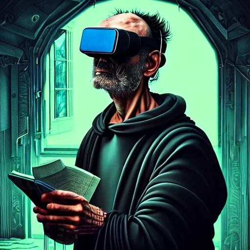 Prompt: Colour Caravaggio style Photography of 1000 years old man with highly detailed 1000 years old face wearing higly detailed cyberpunk VR Headset designed by Josan Gonzalez Many details. . In style of Josan Gonzalez and Mike Winkelmann andgreg rutkowski and alphonse muchaand Caspar David Friedrich and Stephen Hickman and James Gurney and Hiromasa Ogura. Rendered in Blender