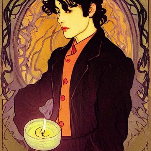 Image similar to painting of young cute handsome beautiful dark medium wavy hair man in his 2 0 s named shadow taehyung and cute handsome beautiful min - jun together at the halloween! party, bubbling cauldron!, candles!, ghosts, autumn! colors, elegant, wearing suits!, clothes!, delicate facial features, art by alphonse mucha, vincent van gogh, egon schiele