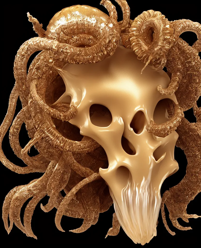 Image similar to black background. goddess princess face close-up portrait ram skull. sculpture made of gold and brilliants. jellyfish phoenix head, nautilus, orchid, skull, betta fish, bioluminiscent creatures, intricate artwork by Tooth Wu and wlop and beeple. octane render, trending on artstation, greg rutkowski very coherent symmetrical artwork. cinematic, hyper realism, high detail, octane render, 8k