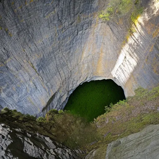 Image similar to vast interior chamber of a large, natural gorge, sunlight visible from above