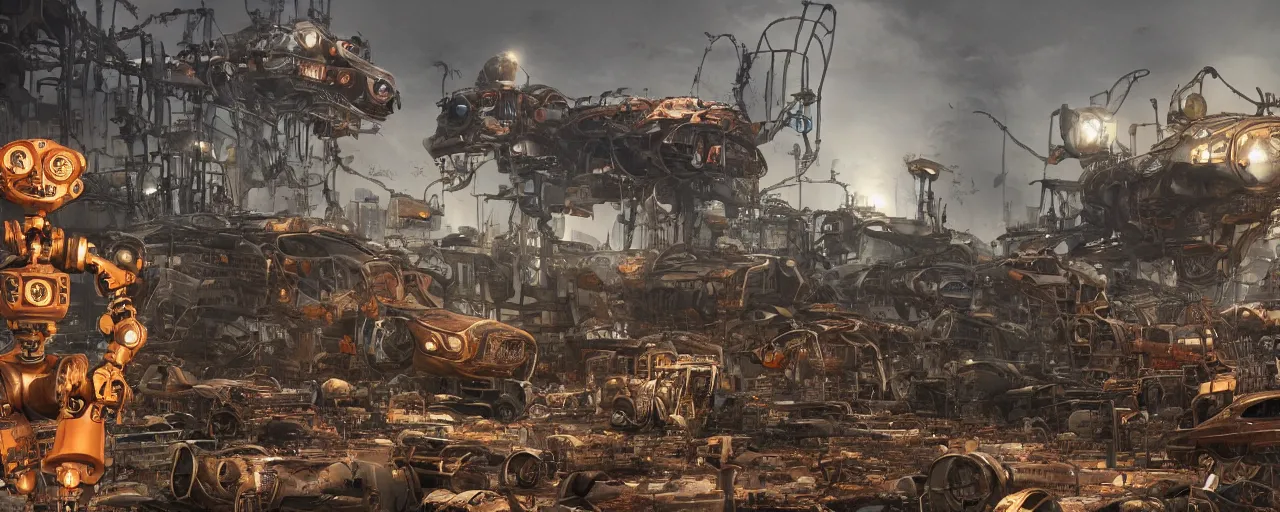 Image similar to an intricate concept art of a robot junk yard behind chainlink fence with warning sign, cinematic, post - apocalyptic, matte painting, concept art, hyper realistic, artstation, deviantart, style by feng zhu and dylan cole, octane render, anime style