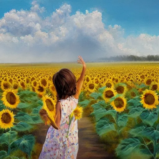 Prompt: a girl slowly running through amazing tall sunflower field, hair flowing, dynamic hands position, fog, early morning lightning, subtle, intricate details, real masterpiece, oil on canvas, by somsak anong