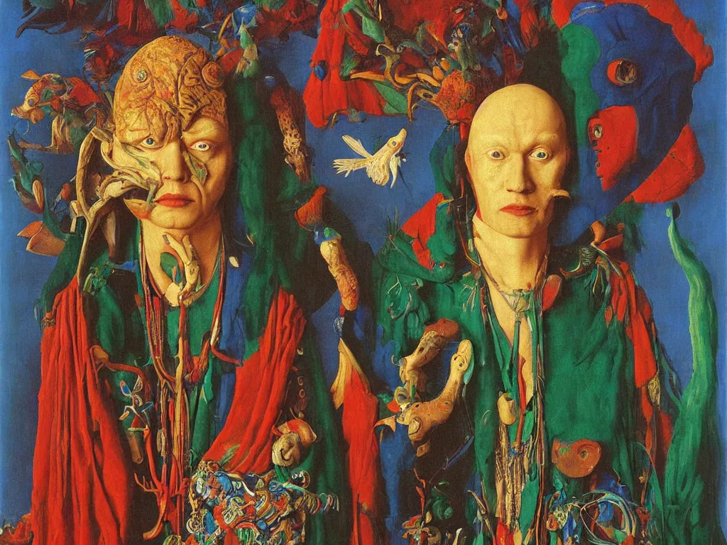 Prompt: Portrait of albino mystic with blue eyes, in psychedelic trance, with totemic archaic mask made from Malachite. Painting by Jan van Eyck, Audubon, Rene Magritte, Agnes Pelton, Max Ernst, Walton Ford