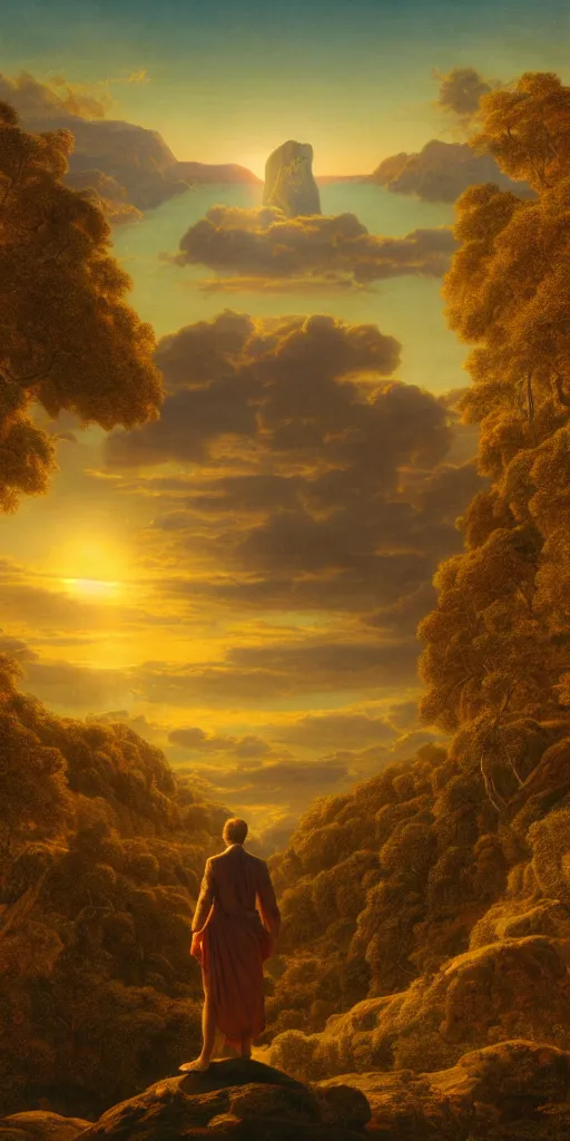 Image similar to symmetry!! god overlooking a surreal landscape of a dream, lucid dream, people, very detailed, serene, peaceful, golden hour, perfect lighting, perfect composition, digital art, illustration, frederic edwin church, tom white, 4 k